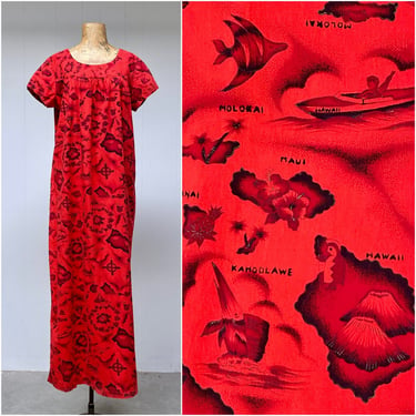Vintage 1960s Ui Maikai Hawaiian Maxi Dress, 60s Red Cotton Island Print Muu Muu, Mid-Century Summer Fashion, Tiki Oasis, Medium 