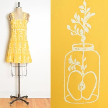vintage 70s dress GRESKO yellow apple jar novelty print sundress hippie boho XS 