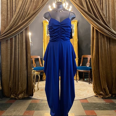 1980s jumpsuit, cobalt blue, vintage jumpsuit, 80s catsuit, ruched, spaghetti straps, pop out hips, statement, small, disco style, draped 