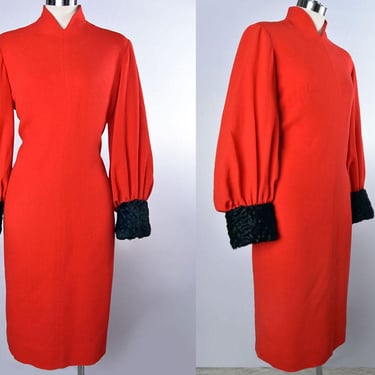 50's Red & Black Real Curly Fur Trim Dress Vintage 1950's, 1960's Evening Dress Designer Adde 