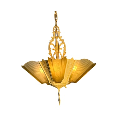 1930s Art Deco Chandelier with Amber Shades and Fountain Design #2329 FREE SHIPPING 