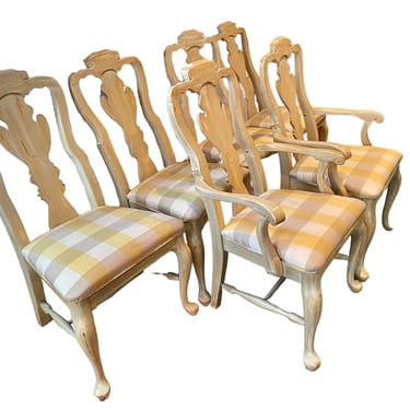 6 Ecru Shield Back Dining Chairs w Plaid Seats NJ220-27