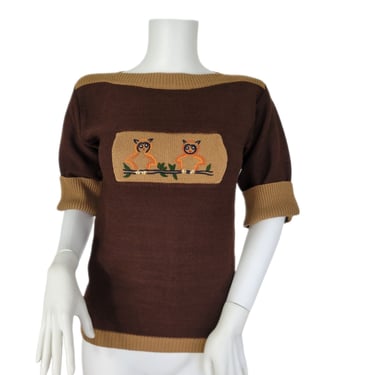 1970's Boat Neck Brown Acrylic Embroidered Owl Sweater I Sz Med 