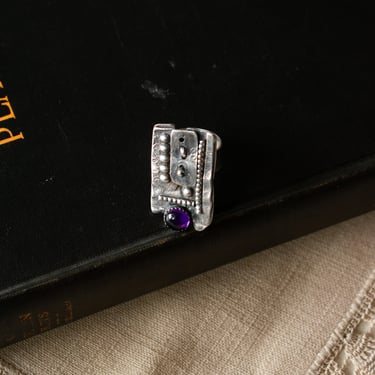 Vintage Modernist Brutalist Artisan Ring Ring with Purple Stone