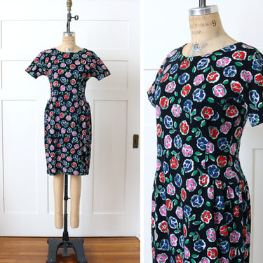 designer vintage 1990s t-shirt dress by Adrienne Vittadini Italy • bright abstract floral cotton streetwear dress 