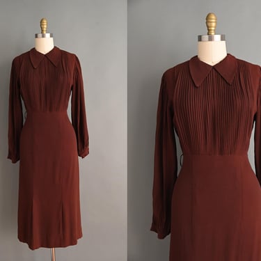 vintage 1930s dress | Pleated Ballon Sleeves Chocolate Brown Rayon Crepe Dress | Medium 