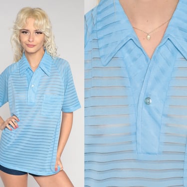 70s Sheer Shirt Baby Blue Striped Top Button Up Polo Boho Collared 1970s Retro Vintage Short Sleeve Bohemian Disco Shirt Medium 