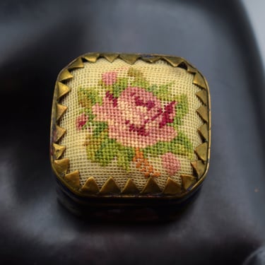 50's petit point topped cloisonne ring box, blue background gold chased floral enamel trinket box 