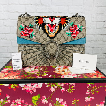 Gucci GG Supreme Dionysus Embroidered Tiger Medium Shoulder Bag, Multi