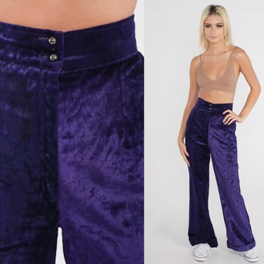 Purple Velvet Pants 70s Bellbottoms Flared Leg Trousers Bell Bottom High Waisted Flares Seventies Disco Party Vintage 1970s Extra Small xs 