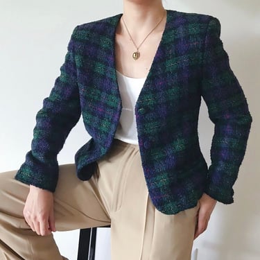 vintage wool blazer plaid blazer tartan tweed blazer wool jacket green blue minimalist capsule wardrobe fitted design size S/M 