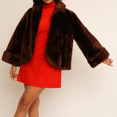 Vintage 1960s 60s Caramel Brown Faux Fur Cropped Coat Jacket w/ Bell Sleeves 