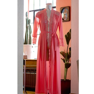 Vintage Duster Robe - OLGA - Lace Trim - 1970s - Vintage Lingerie - Rosy Pink - Boho 