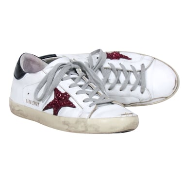 Golden Goose - White Leather w/ Maroon Glitter Star &quot;Superstar&quot; Sneakers Sz 8