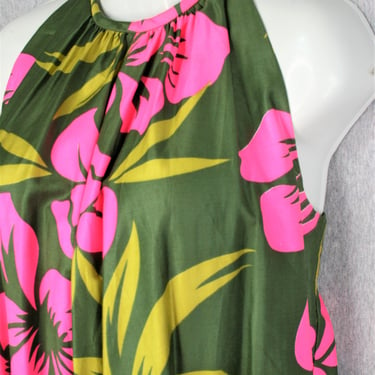 1970s - Pink /Green - Hawaii - Halter - Mumu- Trapeze Dress - Estimated size S/M 