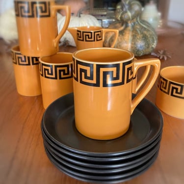 Greek Key orange and black vintage cups saucers sugar creamer Portmeiron Pottery England 