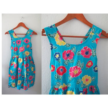 Vintage Girl's Floral Dress Hawaiian Tropical Sundress - 90s Y2K - Size XL 