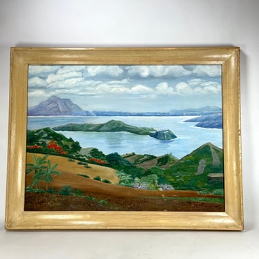 Taal Lake Luzon Island Philippines Original Landscape Oil Painting 18x24 Canvas Framed Wall Art Vintage 1955 Signed Impressionist Painting 