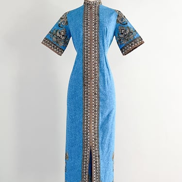 Beautiful 1960's Blue &amp; Gold Batik Maxi Dress  / Sz M