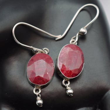 80's raw ruby sterling tribal hippie dangles, big simple 925 silver oval red stone boho earrings 