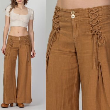 Vintage Corset Waist Wide Leg Linen Pants - Size 4 | Y2K Boho Elevenses High Waist Sailor Lounge Trousers 