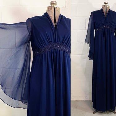 Vintage Mod Maxi Dress Navy Blue Hostess Gown Prom Wedding Holiday Party Twiggy Megan Draper Sheer Angel Wing Sleeves 1960s 1970s Medium 