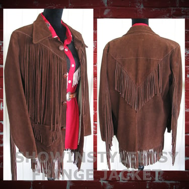 Vintage Western Women's Cowgirl Jacket, Suede Leather Coat, Dark Brown with Fringe, Approx. Medium (see meas. photo) 
