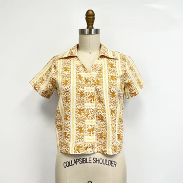 Vintage 1960s Womens Blouse | Collared and Cropped  Short Sleeve | Gold and Yellow Dragon Print | Size Small 