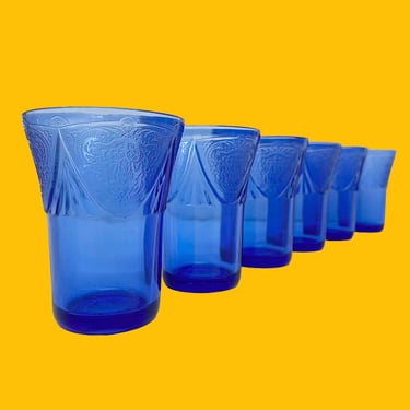 Vintage Juice Glasses Retro 1930s Farmhouse + Hazel Atlas + Depression Glass + Cobalt Blue + Royal Lace + Set of 6 + Kitchen + AM Drinking 