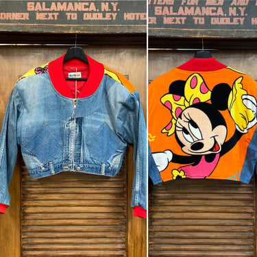 Vintage 1990’s Disney “Too Cute” Minnie Mouse Denim Patchwork Bomber Jacket, 90’s Jean Jacket, 90’s Cropped Jacket, Vintage Clothing 