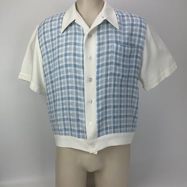 1950'S Style Shirt-Jac - From the 90's - DA VINCI Label - Checkered Blue Front Panels - Men's Size LARGE 