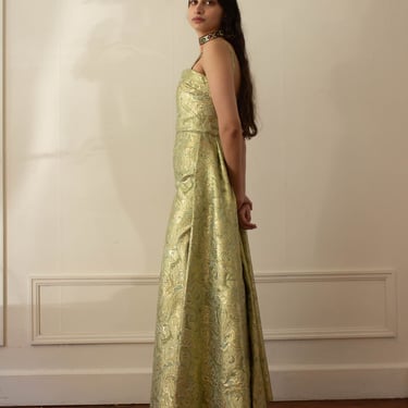 1960s Gold Lamé Jacquard Bustle Gown 