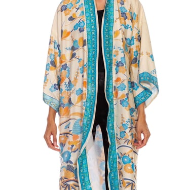 1960S Blue  Cream Floral Silk Kimono 