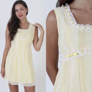 Neat Light Yellow Sheer Lace Mini Dress / Vintage 70s High Waisted Frock / Casual Ribbon Trim Cocktail. Party Outfit 