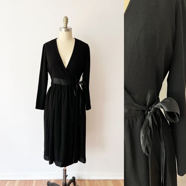 SIZE S/M Solid Black Wool Wrap Dress - 70s Black Midi Dress - Classic Career Wrap Dress - Winter Fall Cozy Wool Crepe 