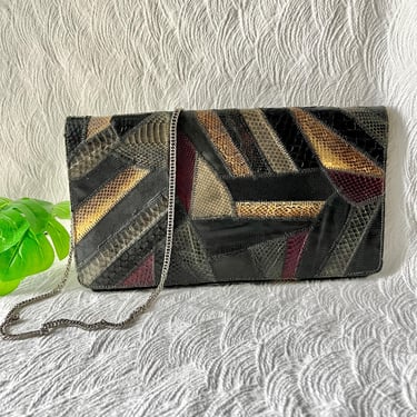 Leather and Reptile Clutch Purse, Snakeskin, Optional Chain Strap, Cross-Body Bag, Leather Lined, Vintage 70s 80s 