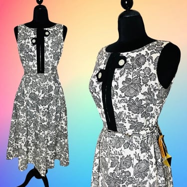DEADSTOCK Vintage 1950's Black and White Floral Piqué Cotton Fit N Flare Sun Dress - NWT - New with Tags - size Medium Large 