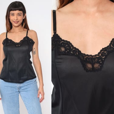 70s Black Cami Lingerie Top Camisole Lace Trim Nylon Boho Spaghetti Strap Tank Top Sleeveless Shirt Vintage 1970s Small Medium 36 