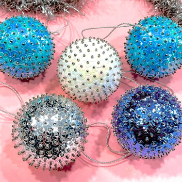 VINTAGE: 5pcs - Beaded Push Pin Ornament - Sequin Ornament - Handcrafted - Holiday, Christmas, Xmas 