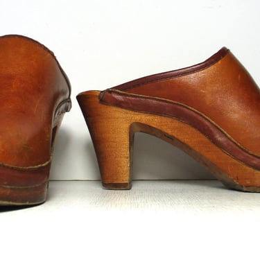 Swedish Clogs, Vintage 70s Sven, Size 7 Women, Brown Leather, Boho Shoes 