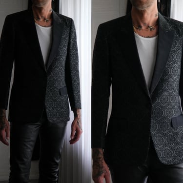 Vintage 70s British Tailor by Peter So Black Lurex Smoking Blazer w/ Textured Baroque Design | 1970s Designer Gentleman Smoking Tux Jacket 