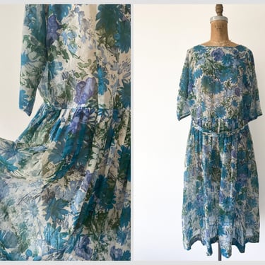 True vintage 1950’s ‘60s fit & flare day dress | blue splash floral print dress, semi sheer Spring dress, L 