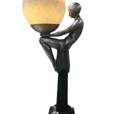 Art Deco Lamp Figurine Lady Holding Colored Globe 