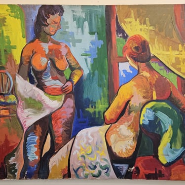 Vintage Mid Century Modern Oil on Canvas Nude Painting two women 