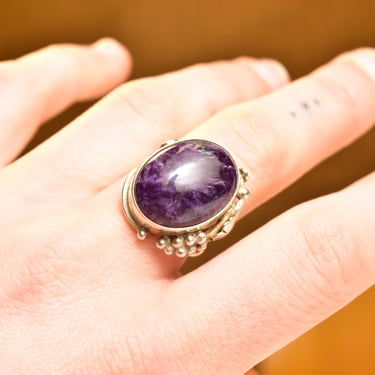 Vintage Sterling Silver Purple Charoite Cabochon Ring, Grape Leaf Embellishments, 925 Statement Ring, Native American Style, Size 8 1/4 US 