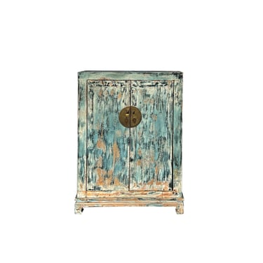 Distressed Teal Blue Marks Moon Face Slim Credenza Side Cabinet ws4392E 