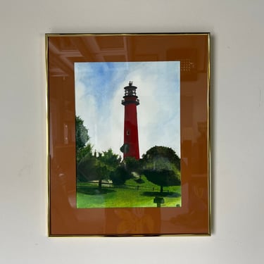 Vintage Lighthouse Landscape Watercolor Painting, Signed 