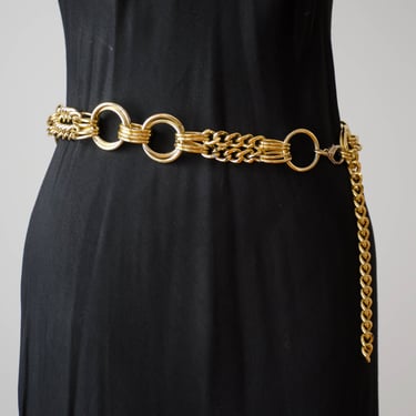 gold chain belt | 80s vintage large heavy gold curb chain adjustable waist belt 
