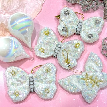 VINTAGE: 6pcs - Beaded Butterfly and Glass Ornaments - Pillow Ornament - Holiday, Christmas, Xmas 