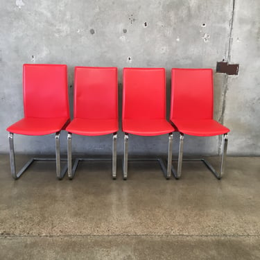 Set of 4 Vintage 1980s Chrome Cantilever Chairs w/ Red Leatherette